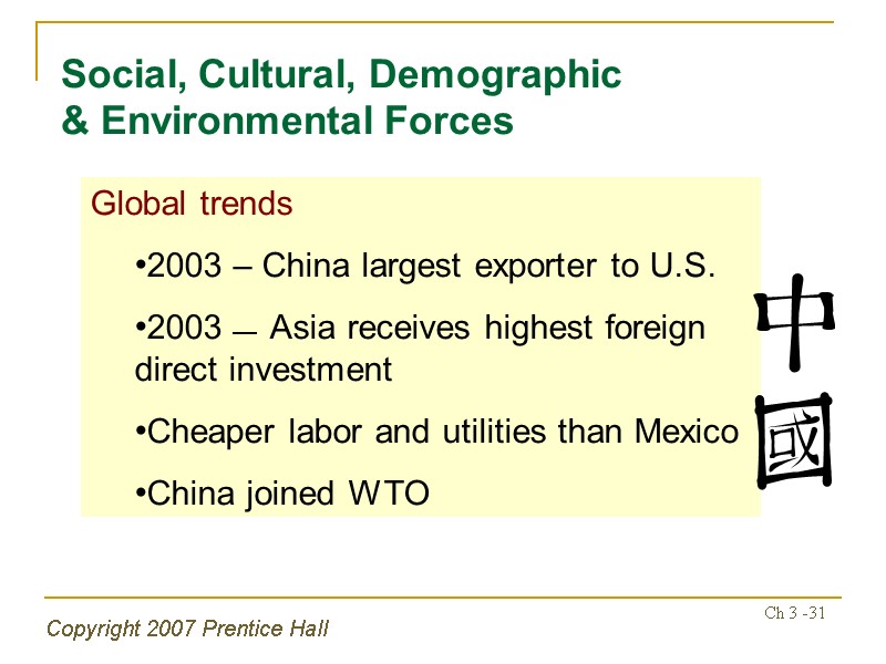 Copyright 2007 Prentice Hall Ch 3 -31 Social, Cultural, Demographic & Environmental Forces Global